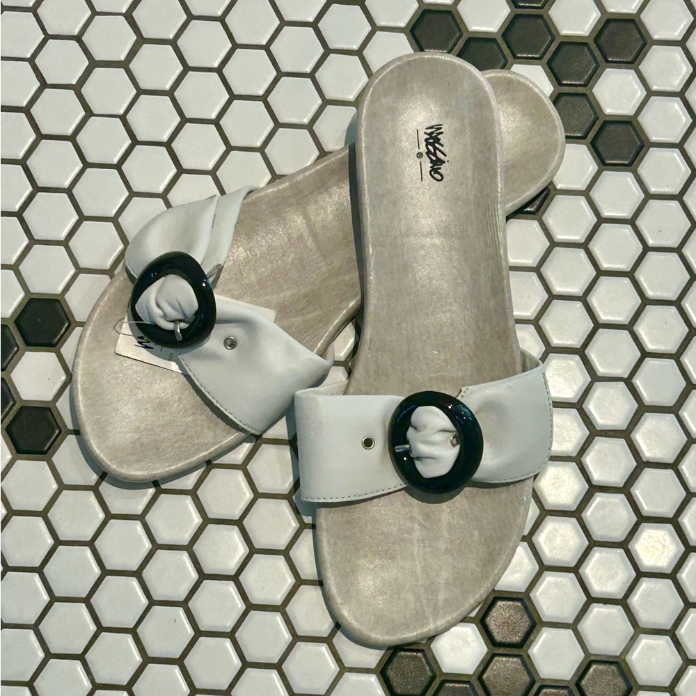 Mossimo Leather Slides. White leather with black buckle, size 9.